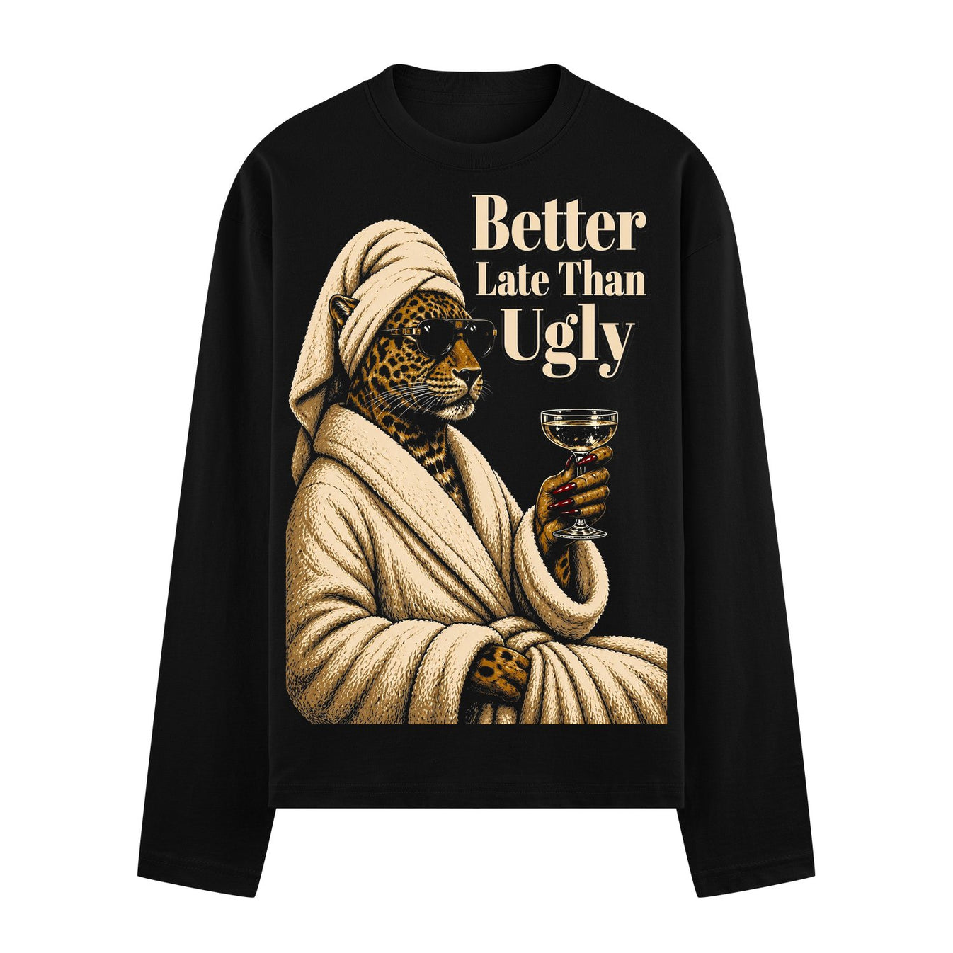 A leopard wearing sunglasses and a turban draped in a beige bathrobe holds a champagne glass with red-tipped fingers on PR...