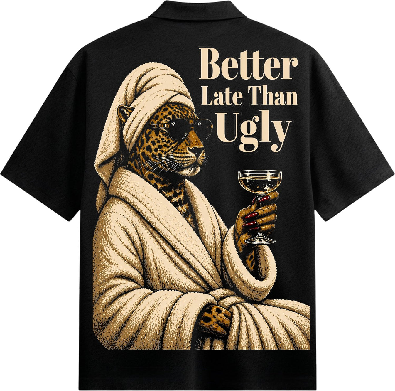 A leopard wearing sunglasses and a turban draped in a beige bathrobe holds a champagne glass with red-tipped fingers on PR...