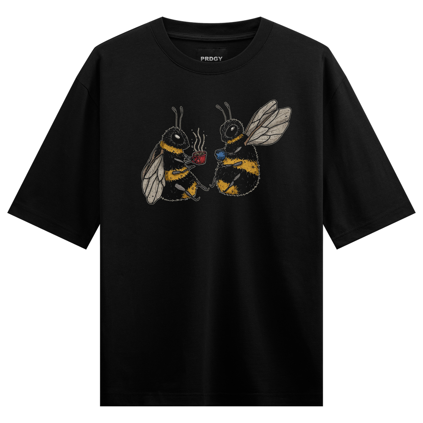 Coffee Bees Oversized T-Shirt by PRDGY — illustration of two bees enjoying coffee, streetwear design