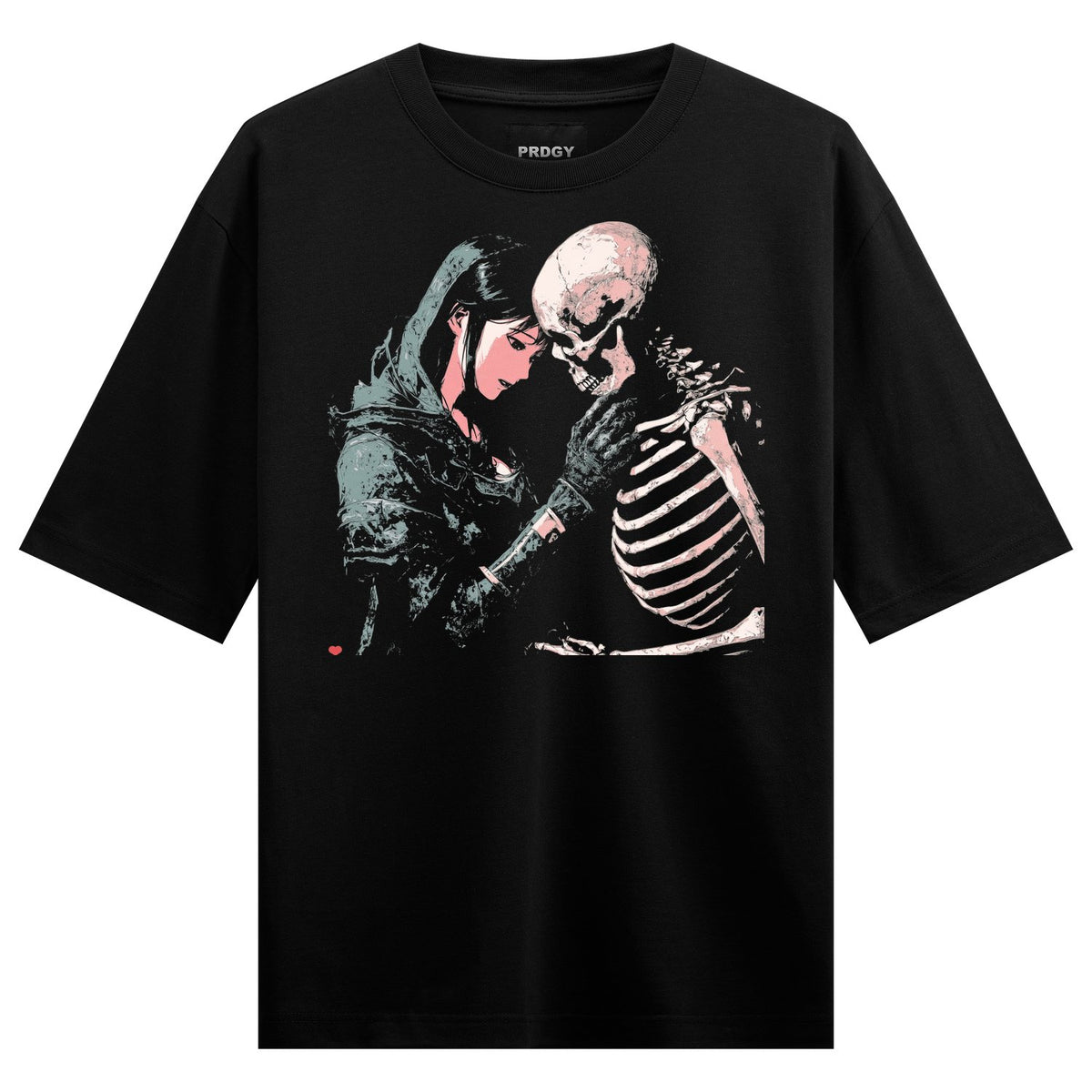 A hooded figure caresses a skeleton s face featuring pink accents against a black background on PRDGY oversized t-shirt