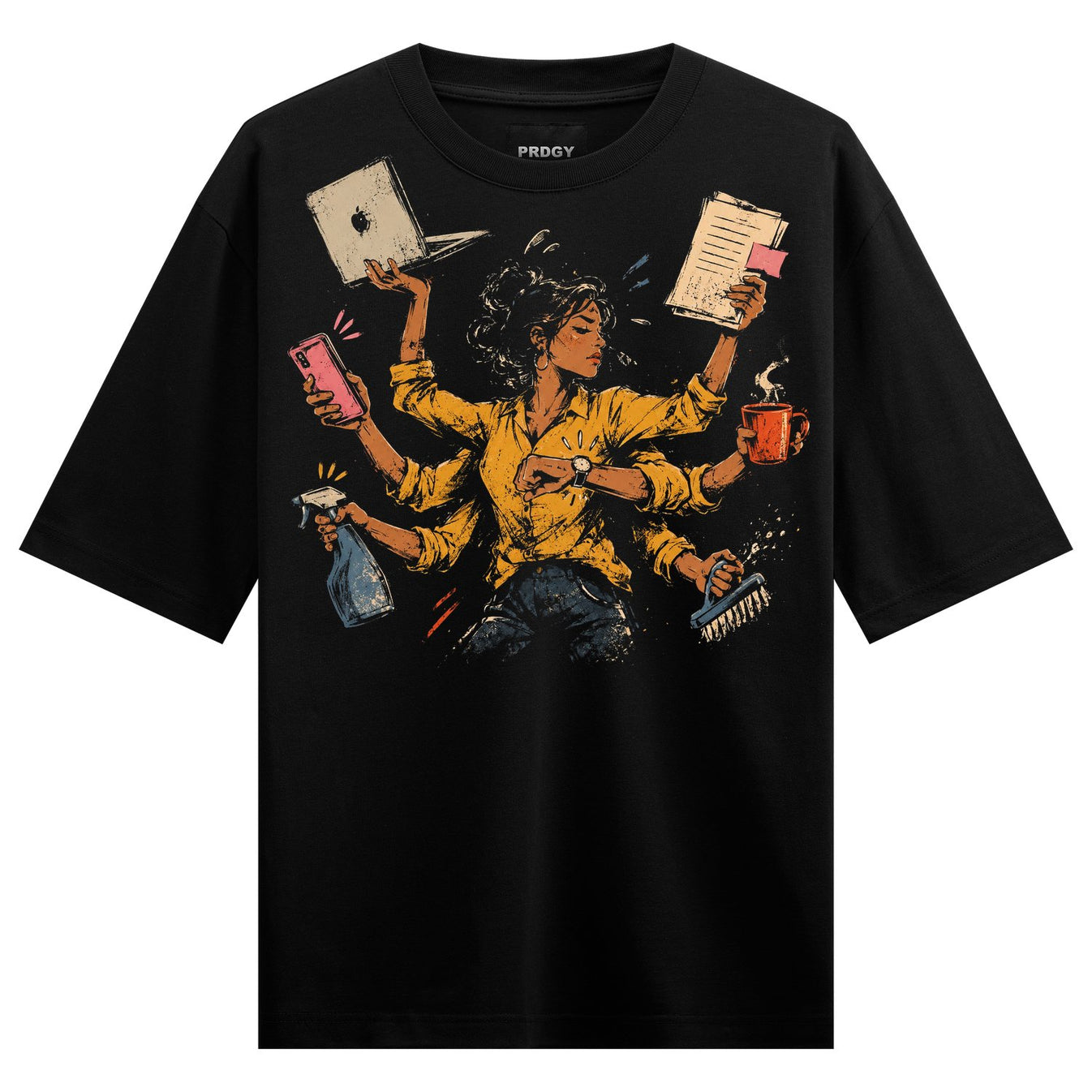 Devi Graphic Oversized T-Shirt by PRDGY — illustration of an Indian woman juggling work and chores, desi design