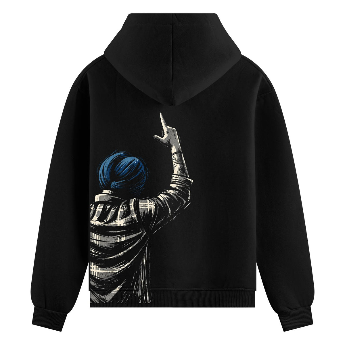 Invincible Oversized Hoodie — a white ink graffiti-style figure wearing a blue turban and raising one hand