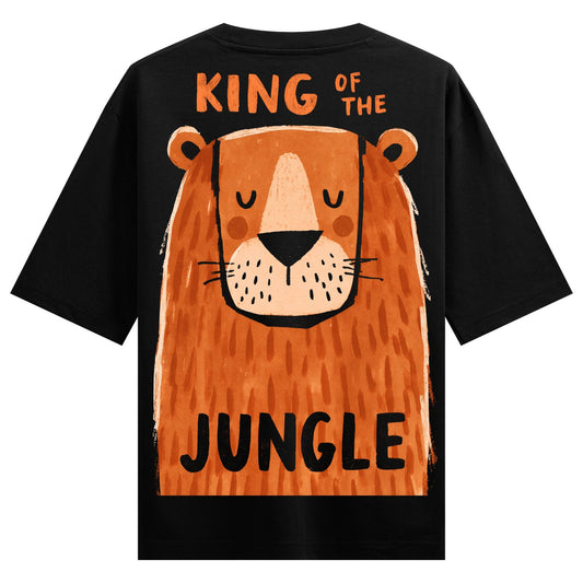 Jungle King Oversized T-Shirt — a cartoon-style lion face with a thick orange mane and the text 'KING OF THE JUNGLE' below