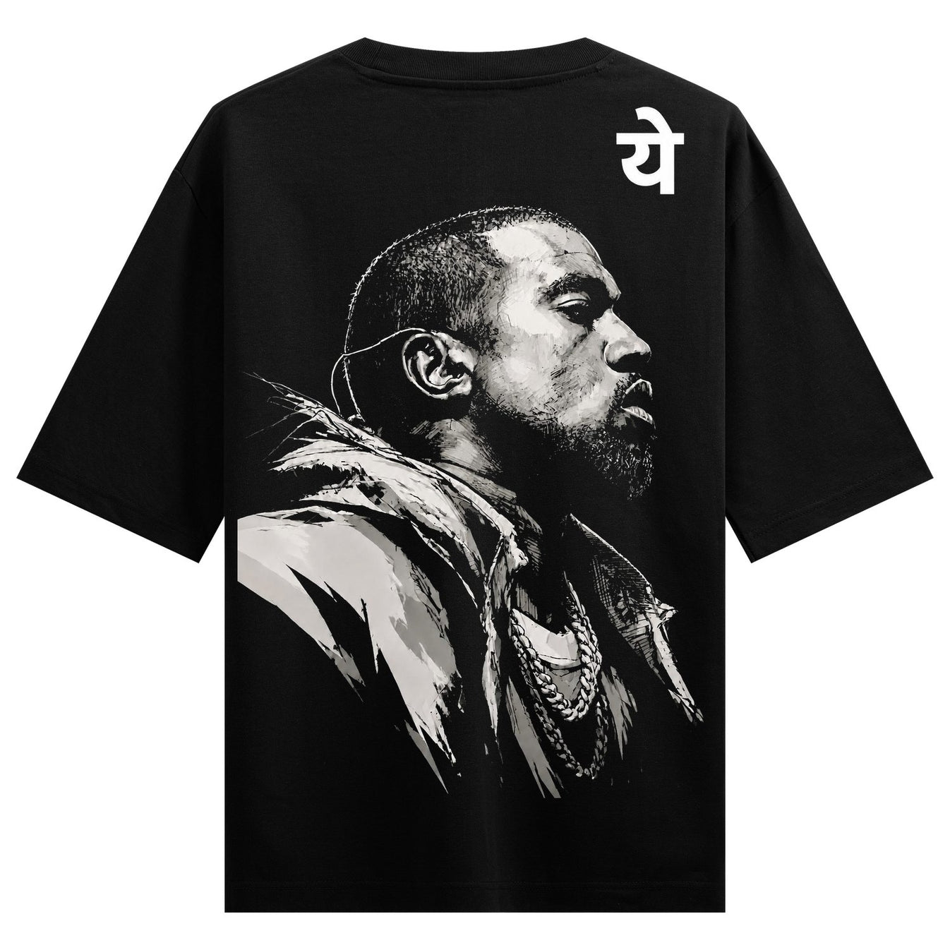 A grayscale illustration of a man s profile on a black t-shirt featuring a chain necklace and white text above on PRDGY ov...