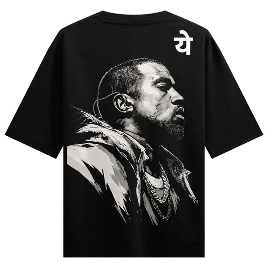 A grayscale illustration of a man s profile on a black t-shirt featuring a chain necklace and white text above on PRDGY ov...
