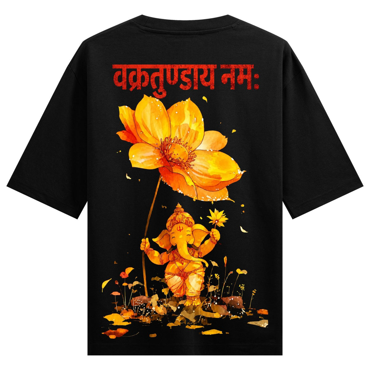 A golden Ganesha figure stands in a dark watery landscape holding a yellow lotus flower above with red Sanskrit text at th...