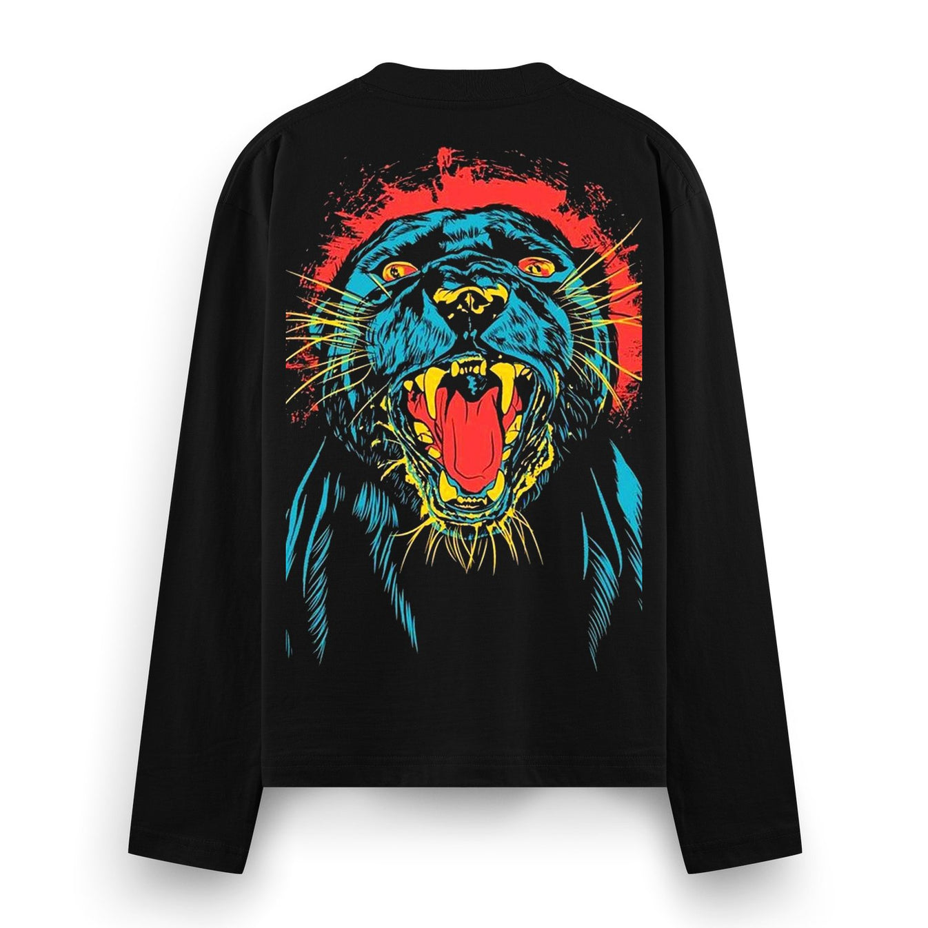 A black t-shirt with a graphic print of a roaring panther s head in blue yellow and red against a distressed red backgroun...