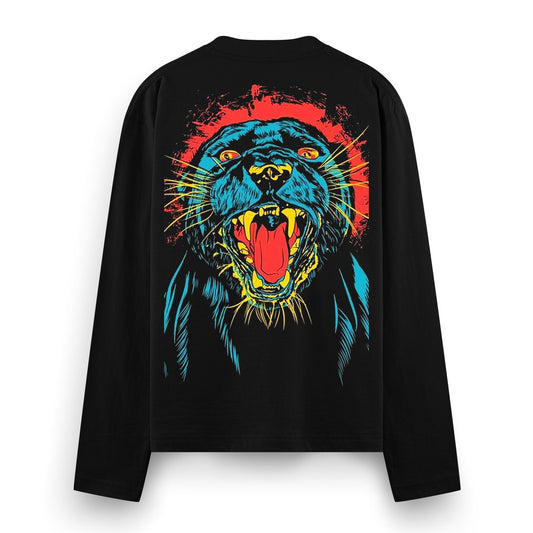 A black t-shirt with a graphic print of a roaring panther s head in blue yellow and red against a distressed red backgroun...