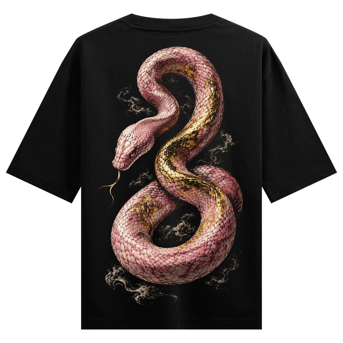 Pink Serpent Oversized T-Shirt — a large pink and gold scaled serpent coiled in an S-shape with smoke swirls