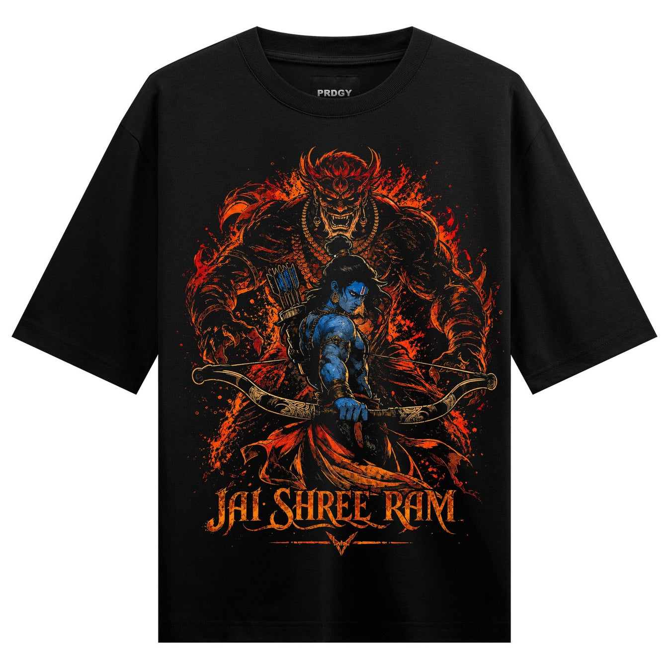 A blue-skinned warrior with a bow and arrows is depicted in front of a large fiery demon with glowing red eyes and a golde...