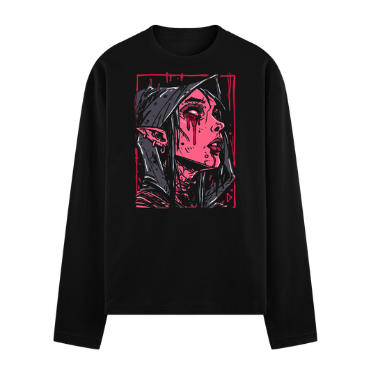 A ghostly face with pink skin tear hood and blood drips framed in red on black fabric on PRDGY oversized t-shirt