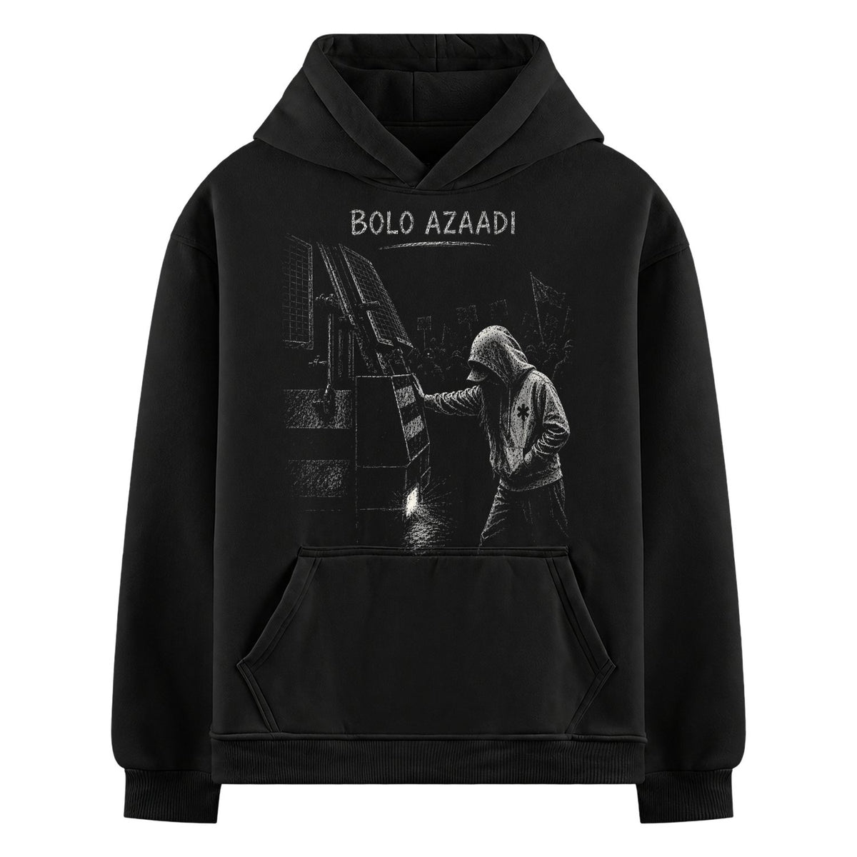 Azadi  Oversized Hoodie — white graphic of a hooded person touching a gate with a flickering light and text above