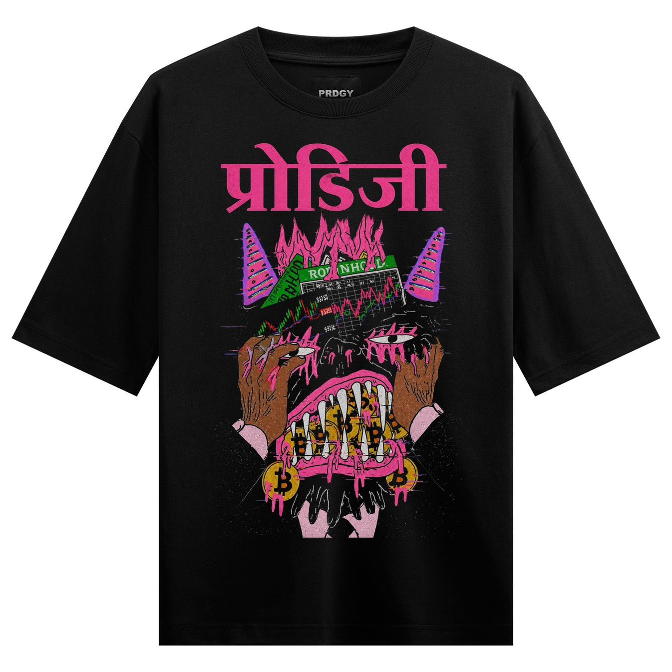 A black t-shirt features a pink and green illustrated monster with dripping fangs bitcoin symbols and a stock chart backgr...