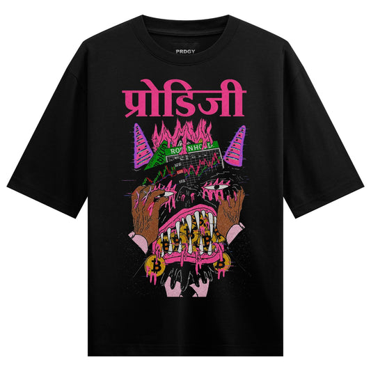A black t-shirt features a pink and green illustrated monster with dripping fangs bitcoin symbols and a stock chart backgr...