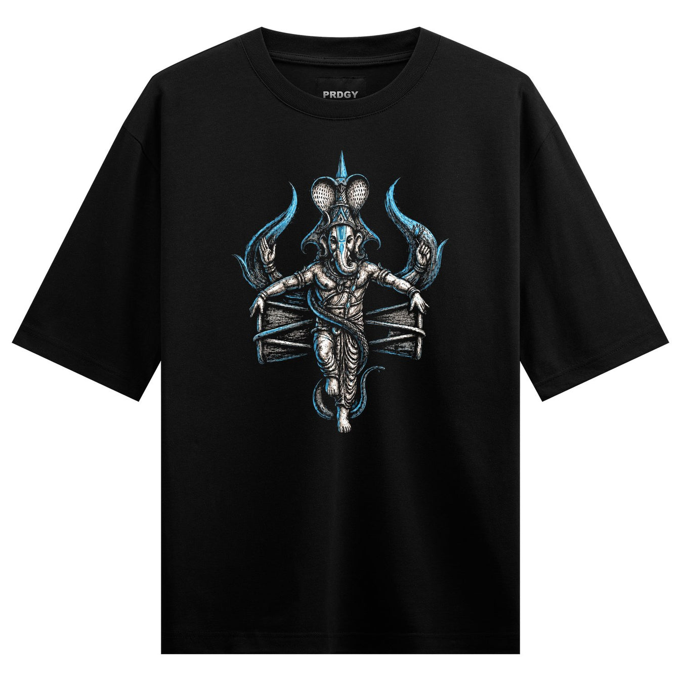 A black t-shirt features a detailed illustration of a divine figure with a serpent wrapped around its body adorned with a...