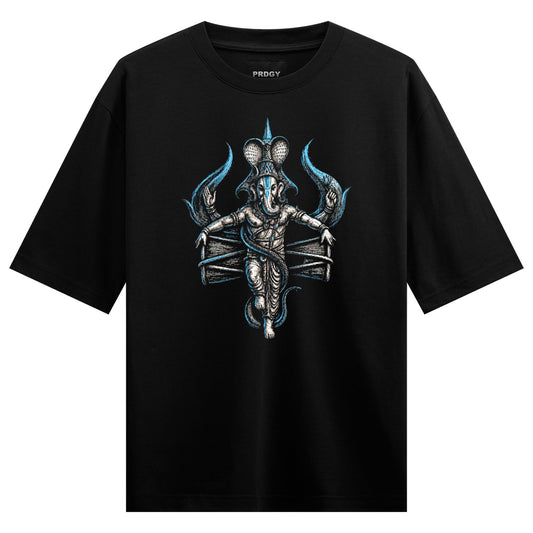 A black t-shirt features a detailed illustration of a divine figure with a serpent wrapped around its body adorned with a...