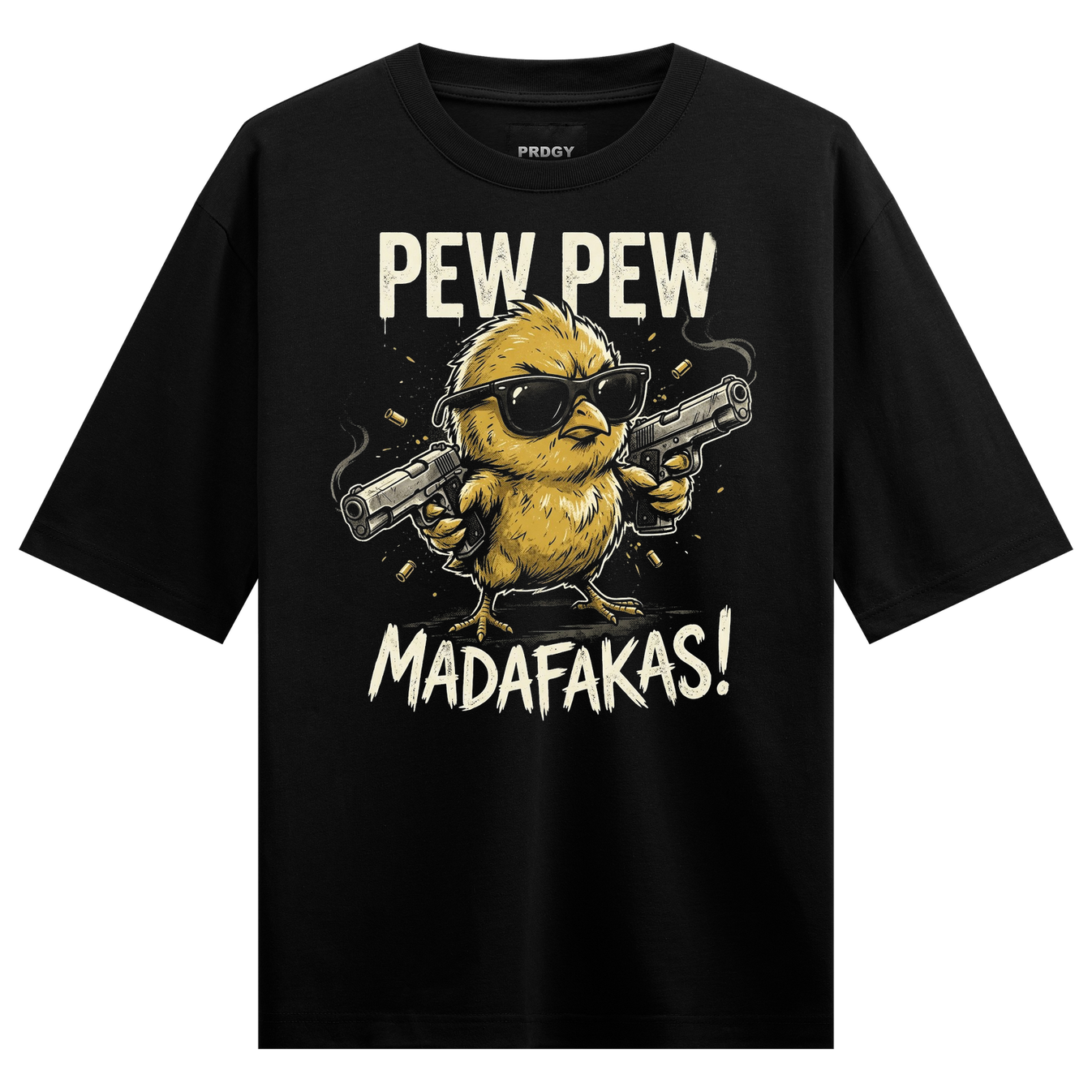 Pew Pew Madafakas Oversized T-Shirt by PRDGY — bold bird graphic with guns, streetwear design