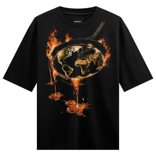 Maha Pralay Oversized T-Shirt by PRDGY — graphic of melting Earth surrounded by flames, streetwear design.