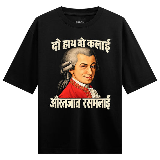 Mithai Maestro Oversized T-Shirt by PRDGY — a smiling man in a red coat and grey wig with Hindi text, humorous design