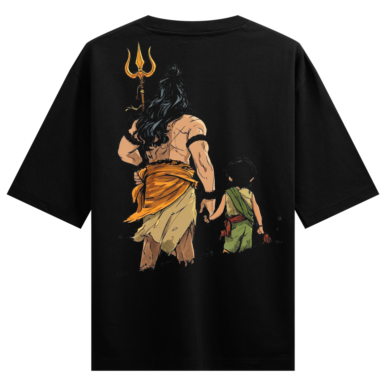 Divine Guardian T-Shirt by PRDGY — Shiva holding a trident with a child, spiritual design.