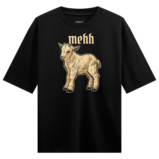 A beige baby goat with detailed fur stands on a black t-shirt with the word mehh in a gothic font above it on PRDGY oversi...