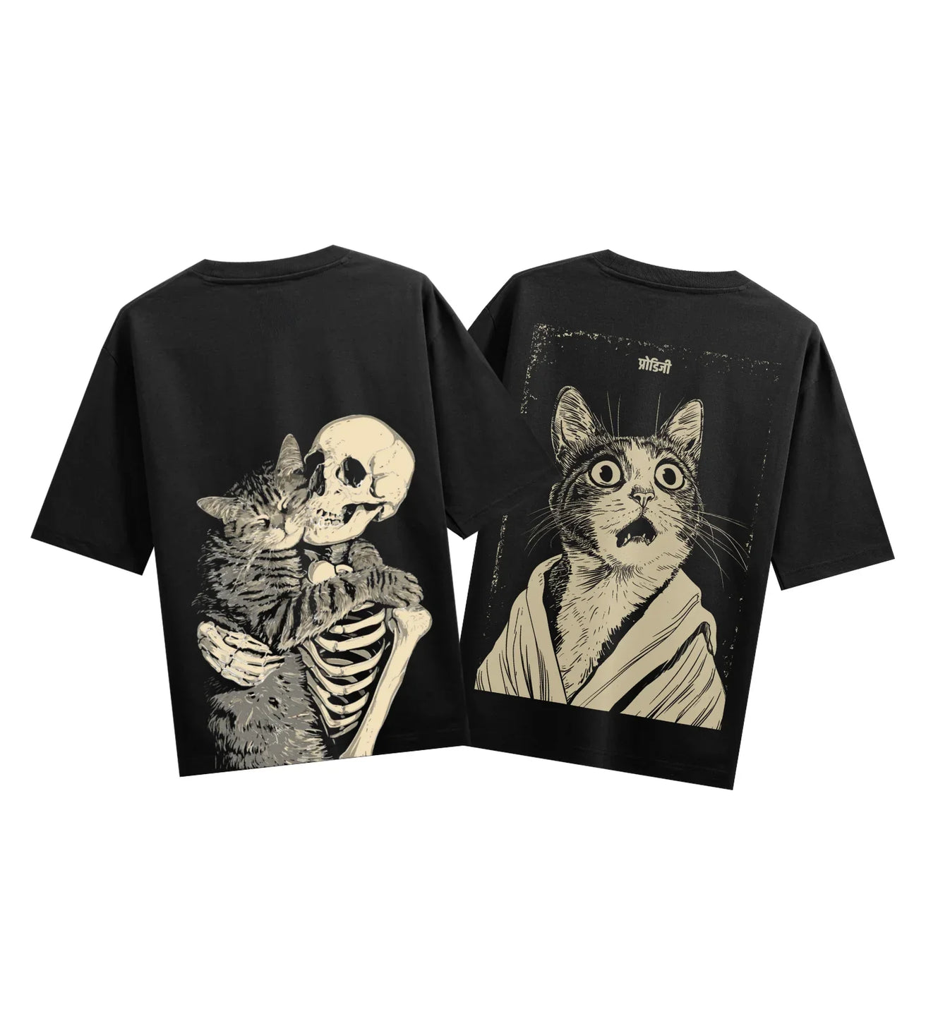 Cat Skeleton Friends artwork on PRDGY oversized t-shirt