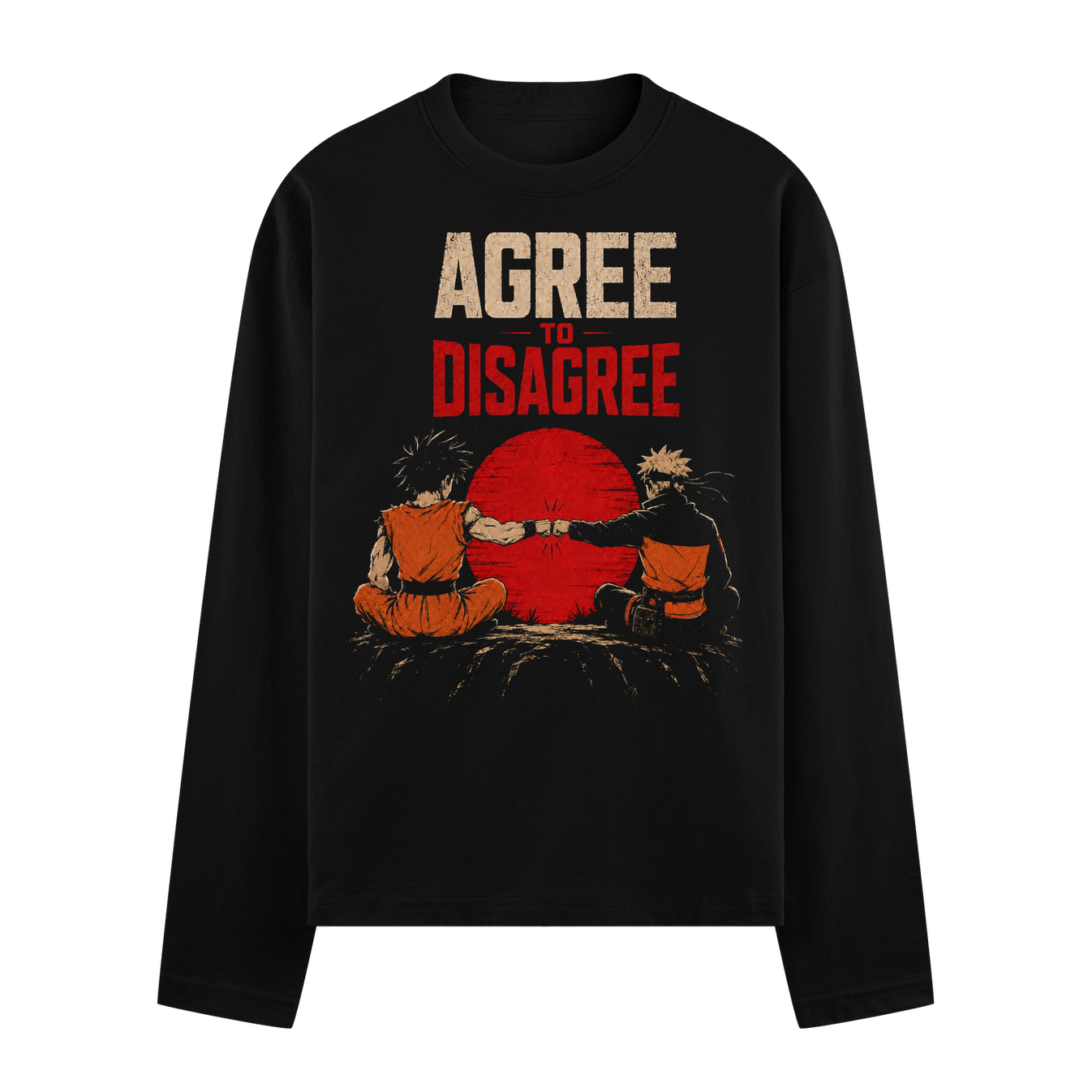Two anime characters in orange outfits perform a fist bump against a large red sun setting on a dark rocky landscape on PR...