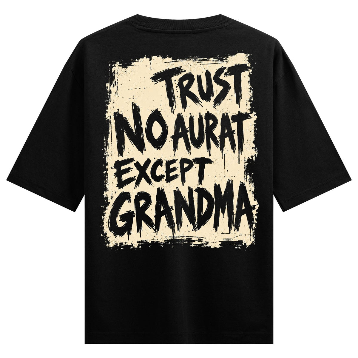 Grandma Aura Oversized T-Shirt — Black t-shirt with cream rectangular background featuring bold black brushstroke text