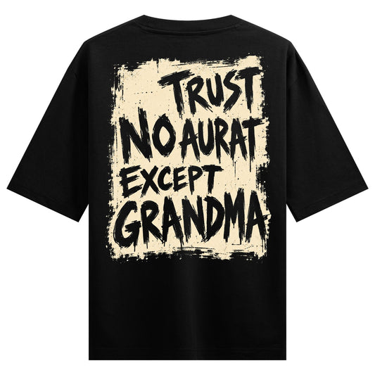 Grandma Aura Oversized T-Shirt — Black t-shirt with cream rectangular background featuring bold black brushstroke text