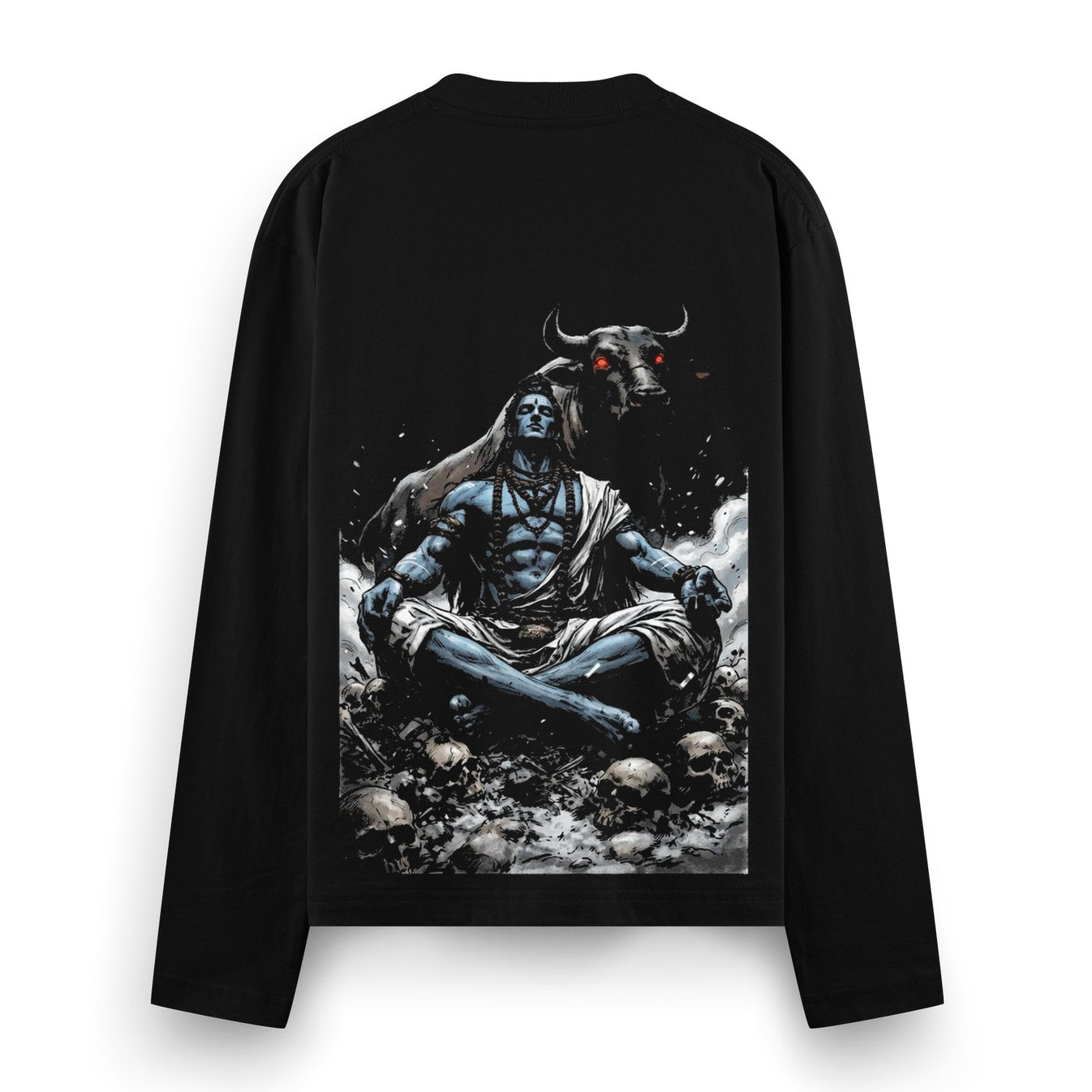 Shiva'S Fury Sweatshirt by PRDGY — Lord Shiva in meditation surrounded by skulls and a bull, dark art design.