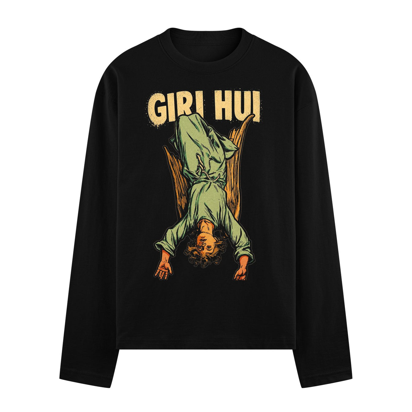 A full sleeve black t-shirt features an illustration of an angel in a green robe with tan wings falling upside down with d...