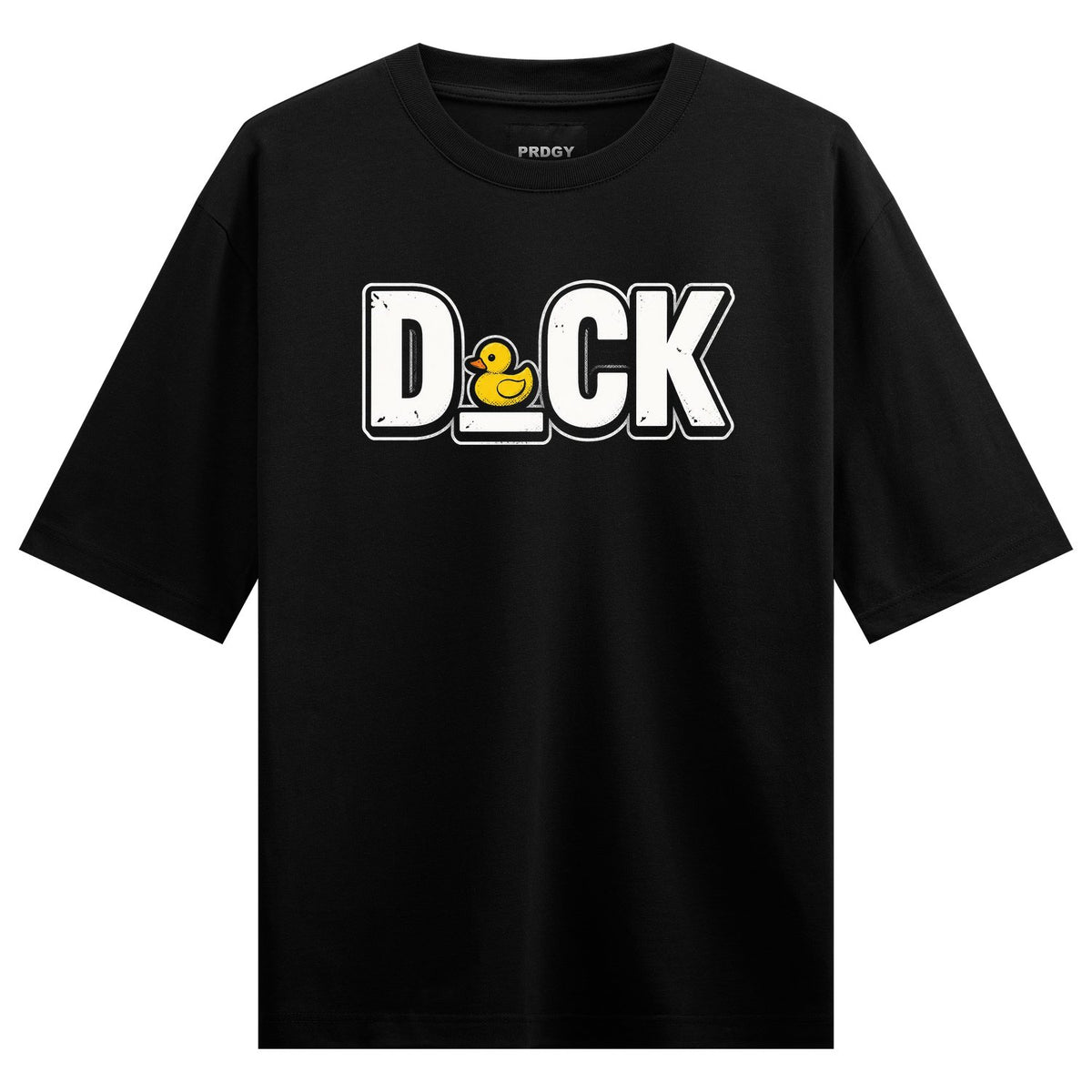 A black t-shirt featuring bold white letters spelling D CK with a yellow duck graphic on PRDGY oversized t-shirt