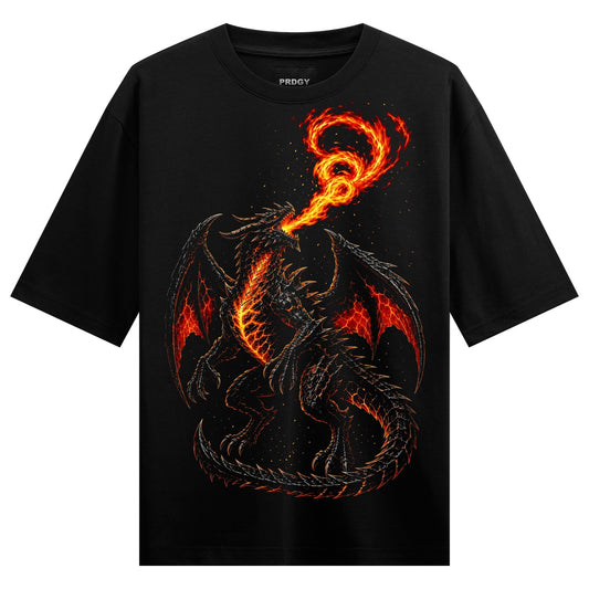 A detailed black dragon with glowing orange and red scales breathes a large plume of fire against a black background with...