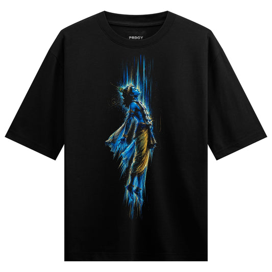 A blue-skinned figure in a golden dhoti and feathered crown ascends through vertical blue and gold light rays on a black t...