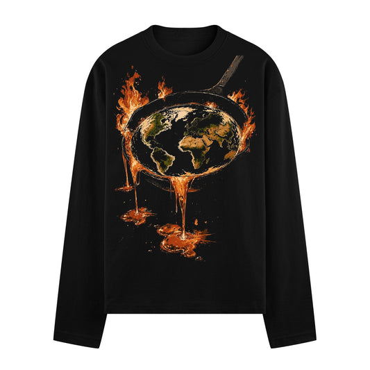 Maha Pralay Oversized T-Shirt by PRDGY — graphic of melting Earth surrounded by flames, streetwear design.