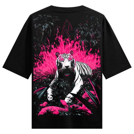 Pink Sherni Oversized T-Shirt by PRDGY — white tiger crouched in dark foliage with pink flames, streetwear design
