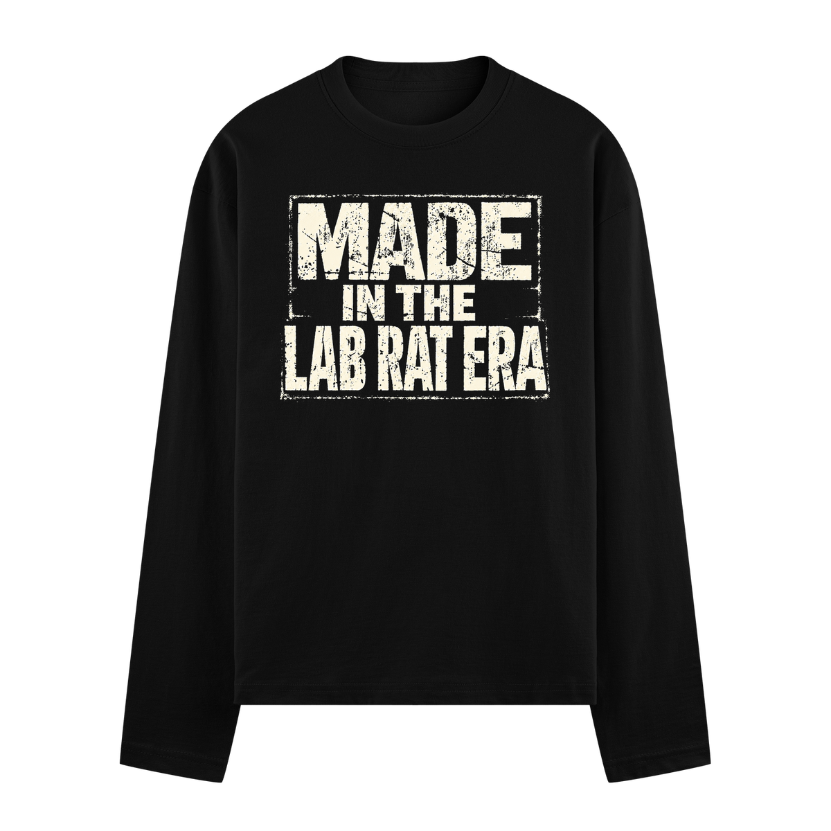 Lab Rat Era Oversized Full Sleeve T-Shirt — Black t-shirt with white distressed block text in a rectangular box reading