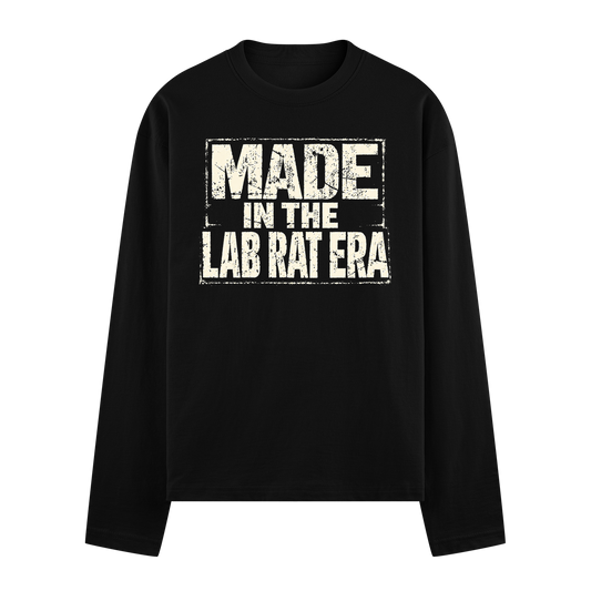 Lab Rat Era Oversized Full Sleeve T-Shirt — Black t-shirt with white distressed block text in a rectangular box reading