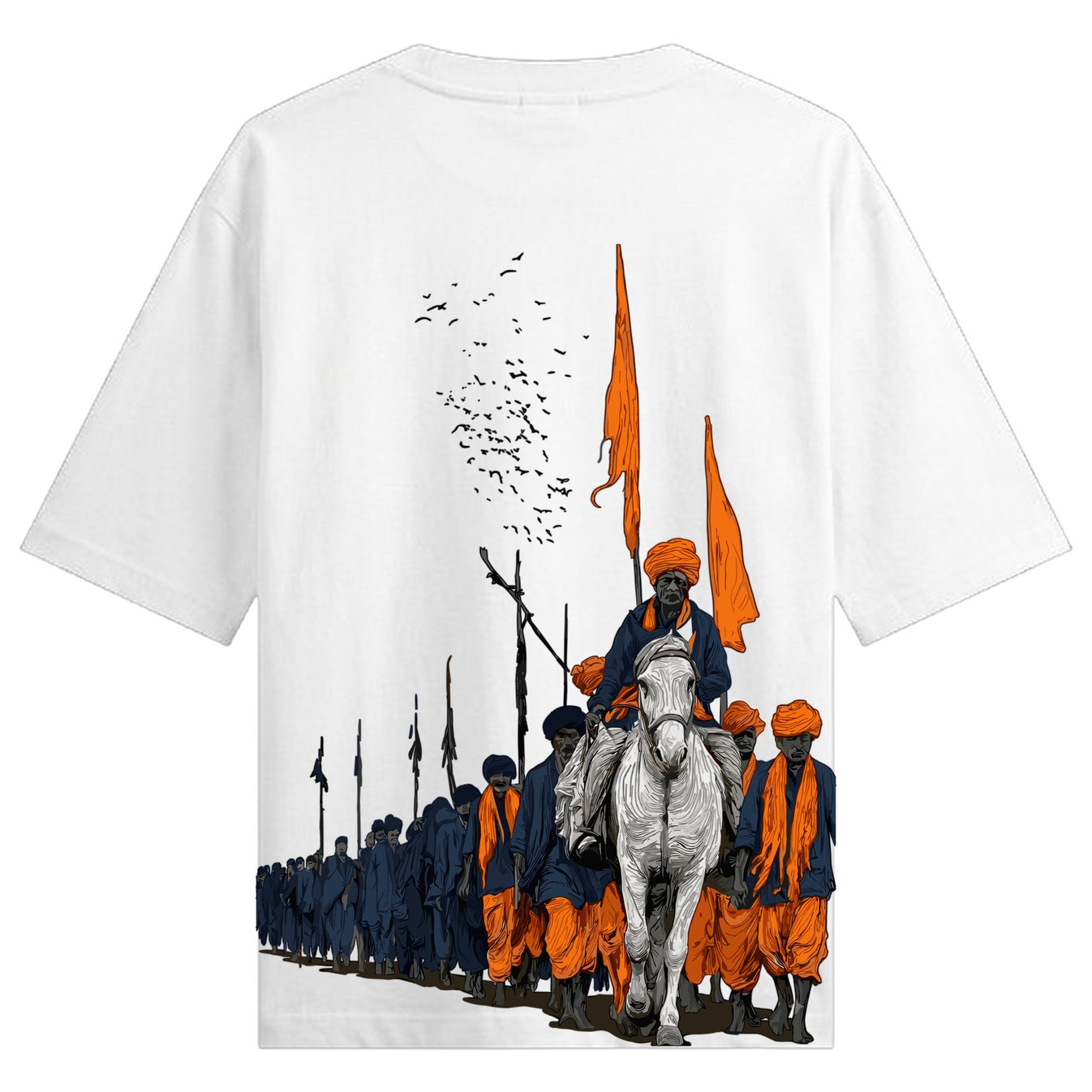 Bhartiya Morcha Oversized T-Shirt by PRDGY — a white horse with a rider in an orange turban leading a vibrant procession,