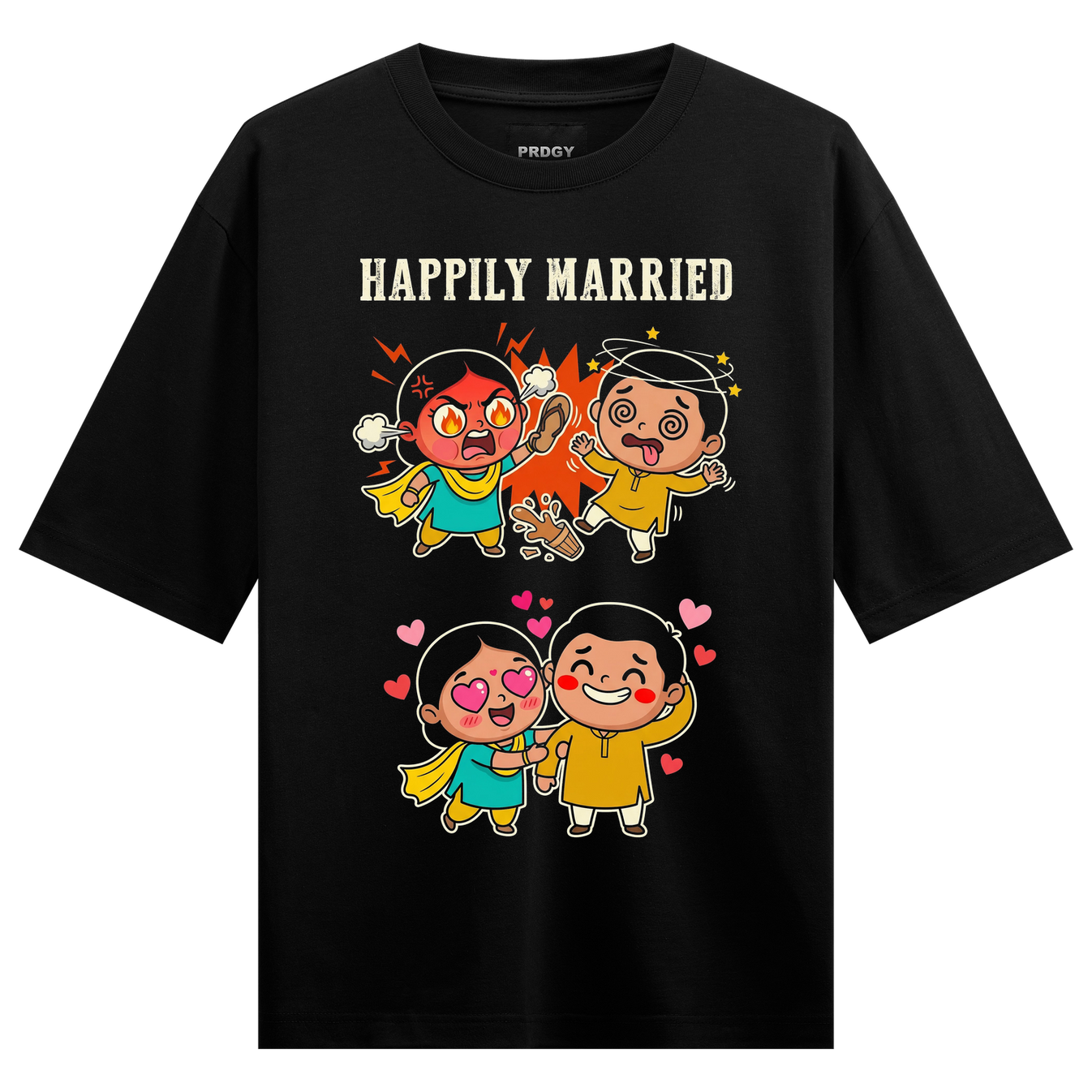Ka Laddoo Oversized T-Shirt by PRDGY — cute couple illustration in comic style celebrating marriage, relationship design