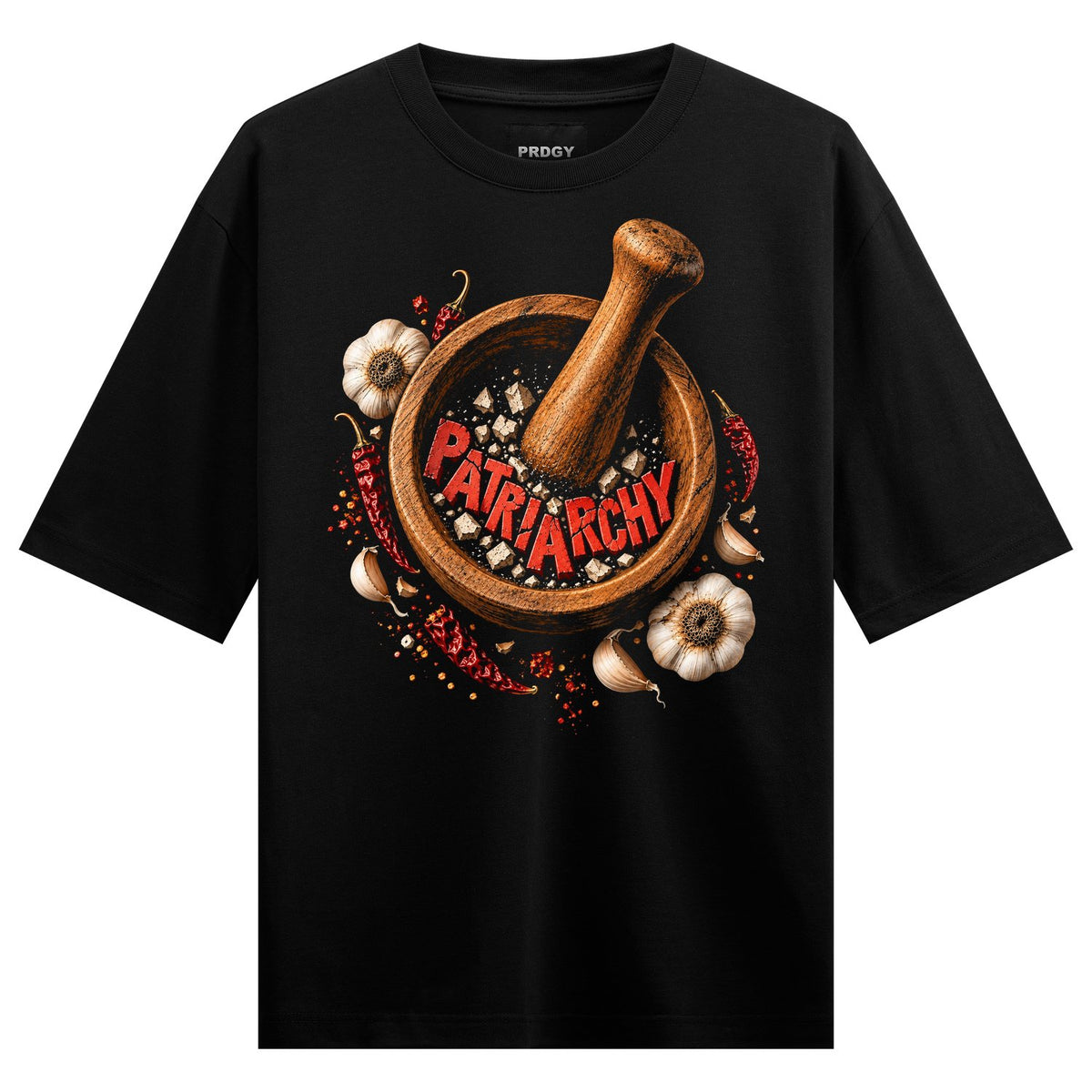 Patriarchy Grind Oversized T-Shirt — Black t-shirt with a wooden mortar and pestle filled with crushed garlic