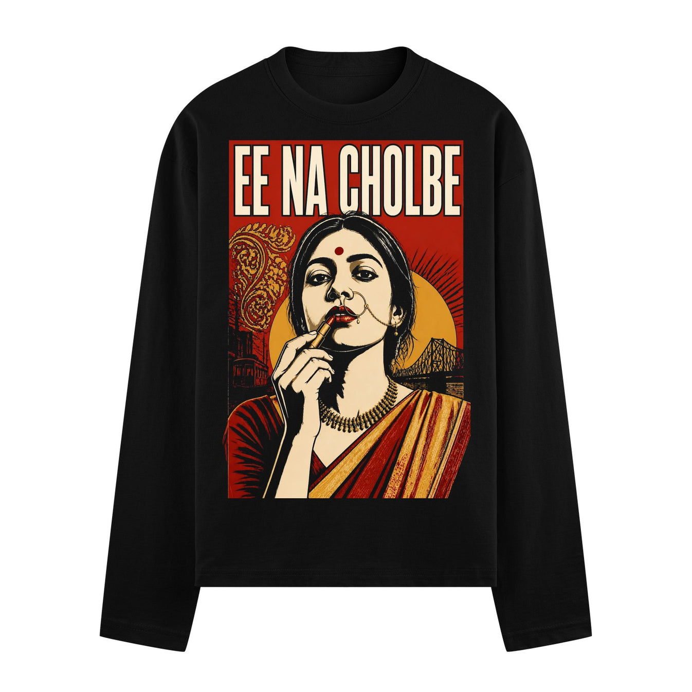 Bold Bengali Oversized T-Shirt by PRDGY — striking portrait of a woman with a red bindi and gold necklace applying lipstick