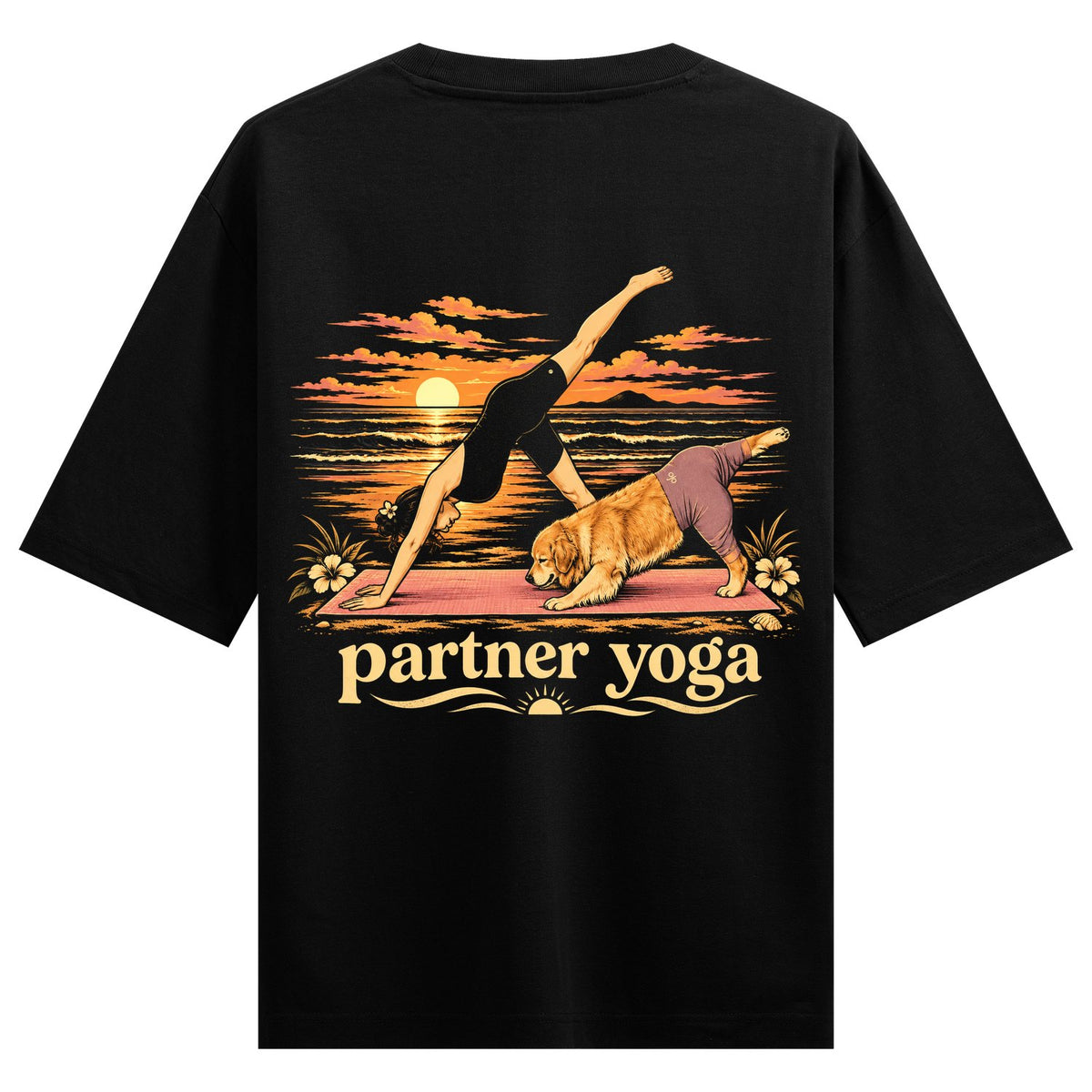 partner yoga — back-view black T-shirt design mockup