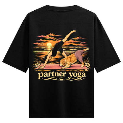 partner yoga — back-view black T-shirt design mockup