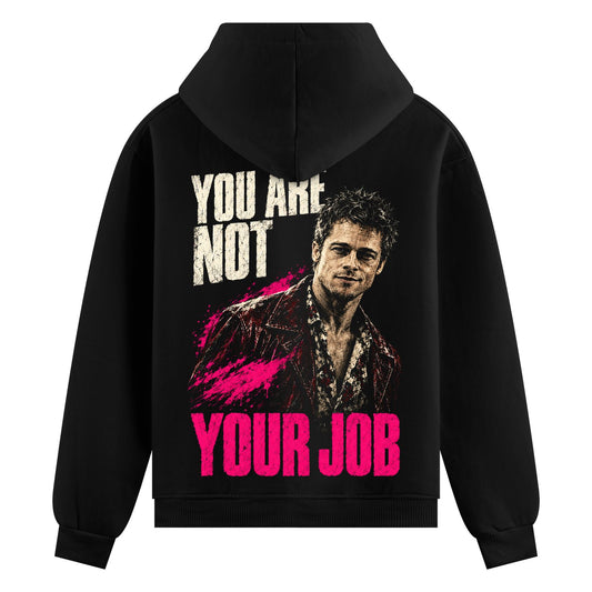 Tyler Durden Quote Oversized Hoodie — a black hoodie features a portrait of Brad Pitt with a pink splash effect