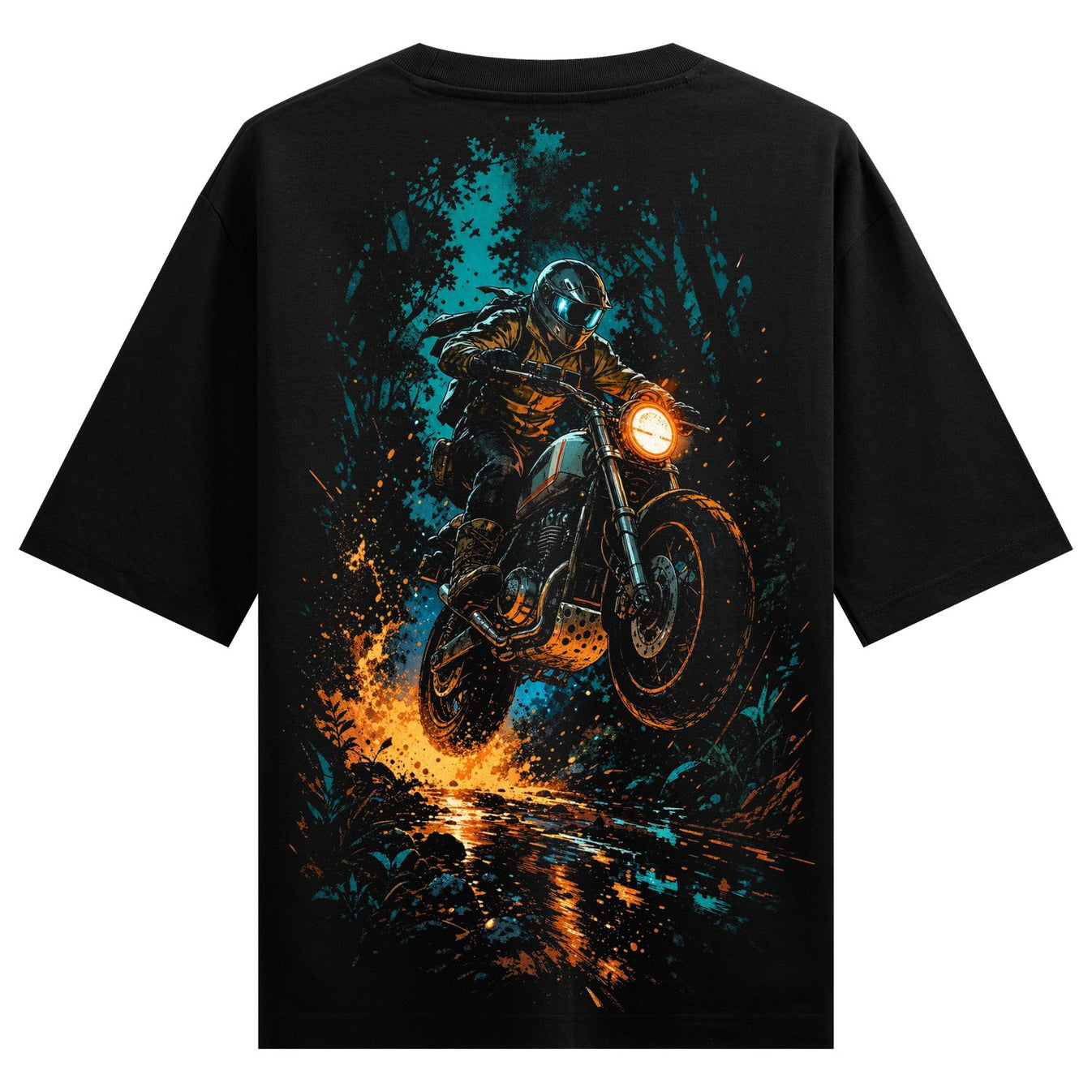 A motorcyclist wearing a helmet jumps a bike through a dark forest with orange and teal splashes reflecting on wet ground...