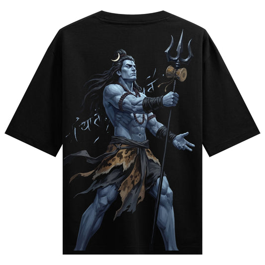 Cosmic Warrior Oversized T-Shirt — a blue-skinned Lord Shiva stands with a trident, wearing a crescent moon and animal print