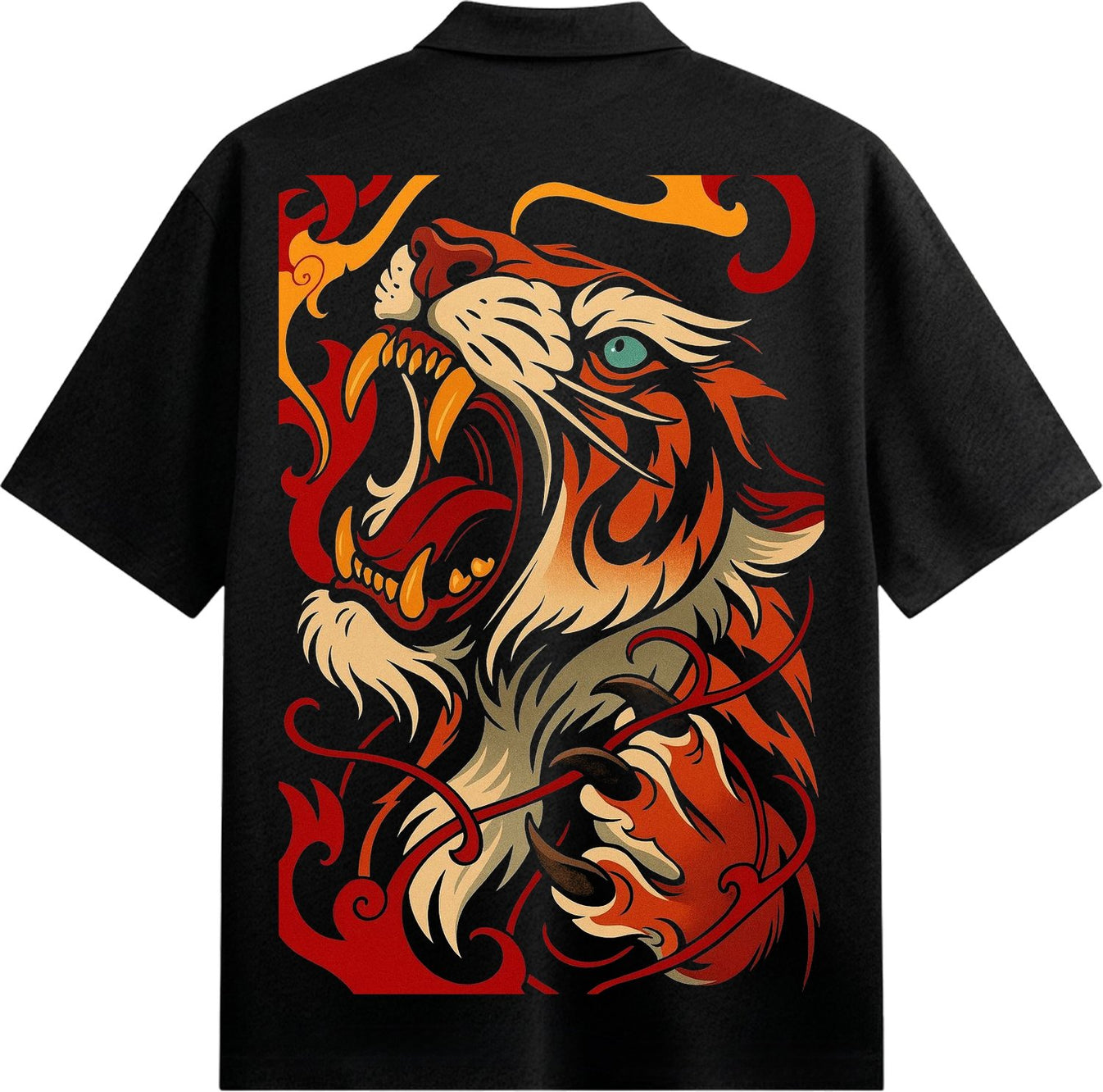 A detailed illustration of a tiger s head with mouth open sharp teeth blue eyes surrounded by stylized red and orange flam...
