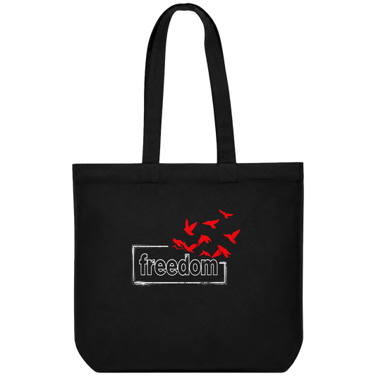 A black t-shirt features a white outlined box with the word freedom inside and a cluster of red birds flying upwards from...