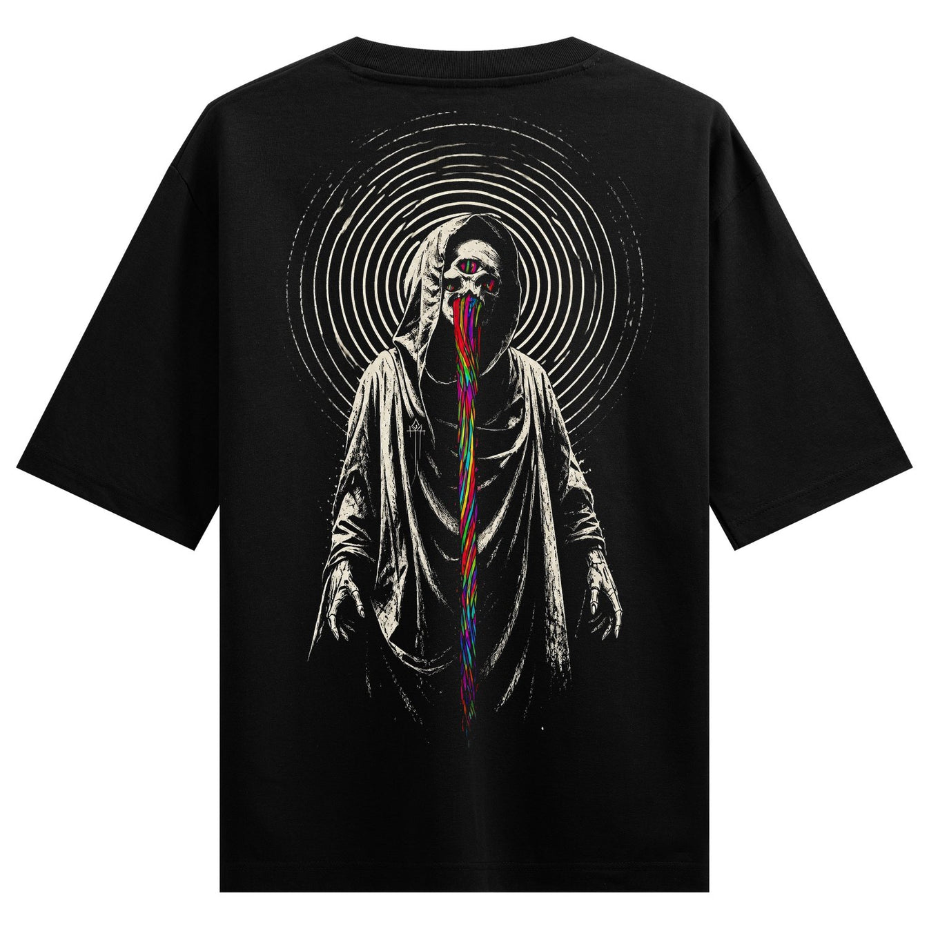 A black t-shirt features a monochrome hooded figure with a skull face crying rainbow-colored liquid set against radiating...